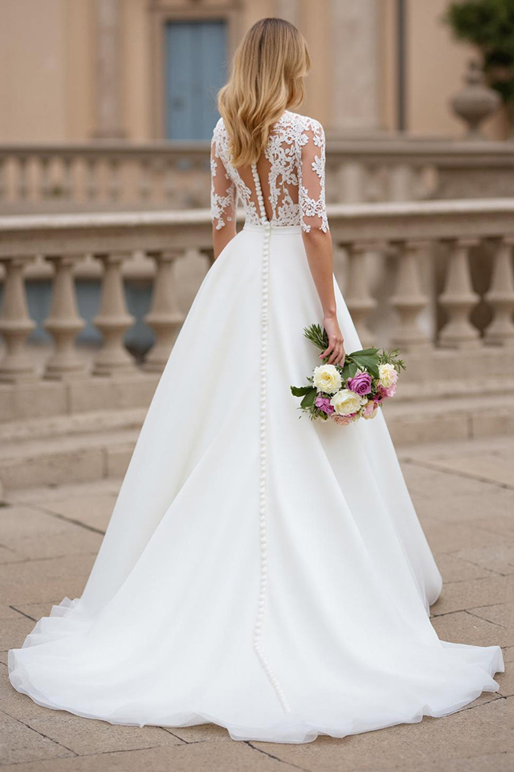 A Line Court Train Organza Ivory Wedding Dress with Lace Appliques