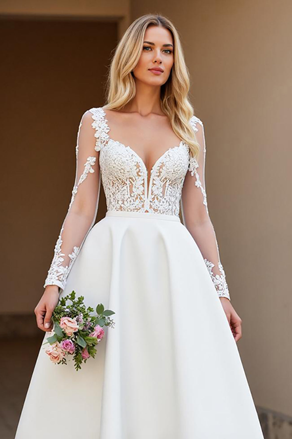 A Line Court Train Satin Ivory Wedding Dress with Lace Appliques