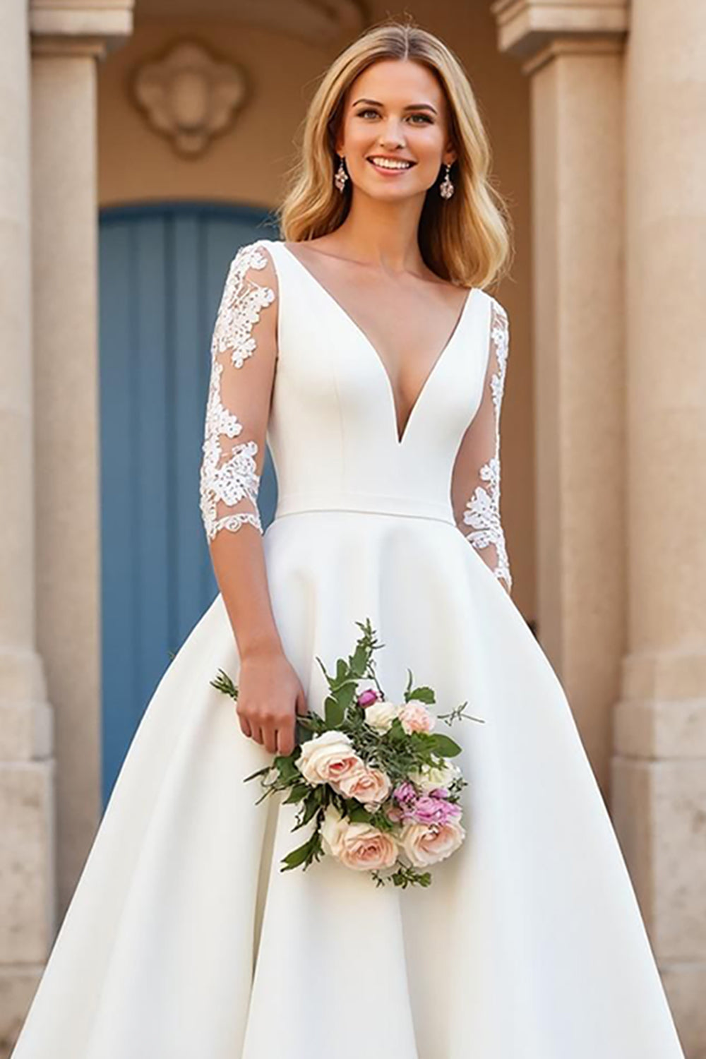 Ivory Court Train Satin A Line V-Neck Wedding Dress with Lace Appliques