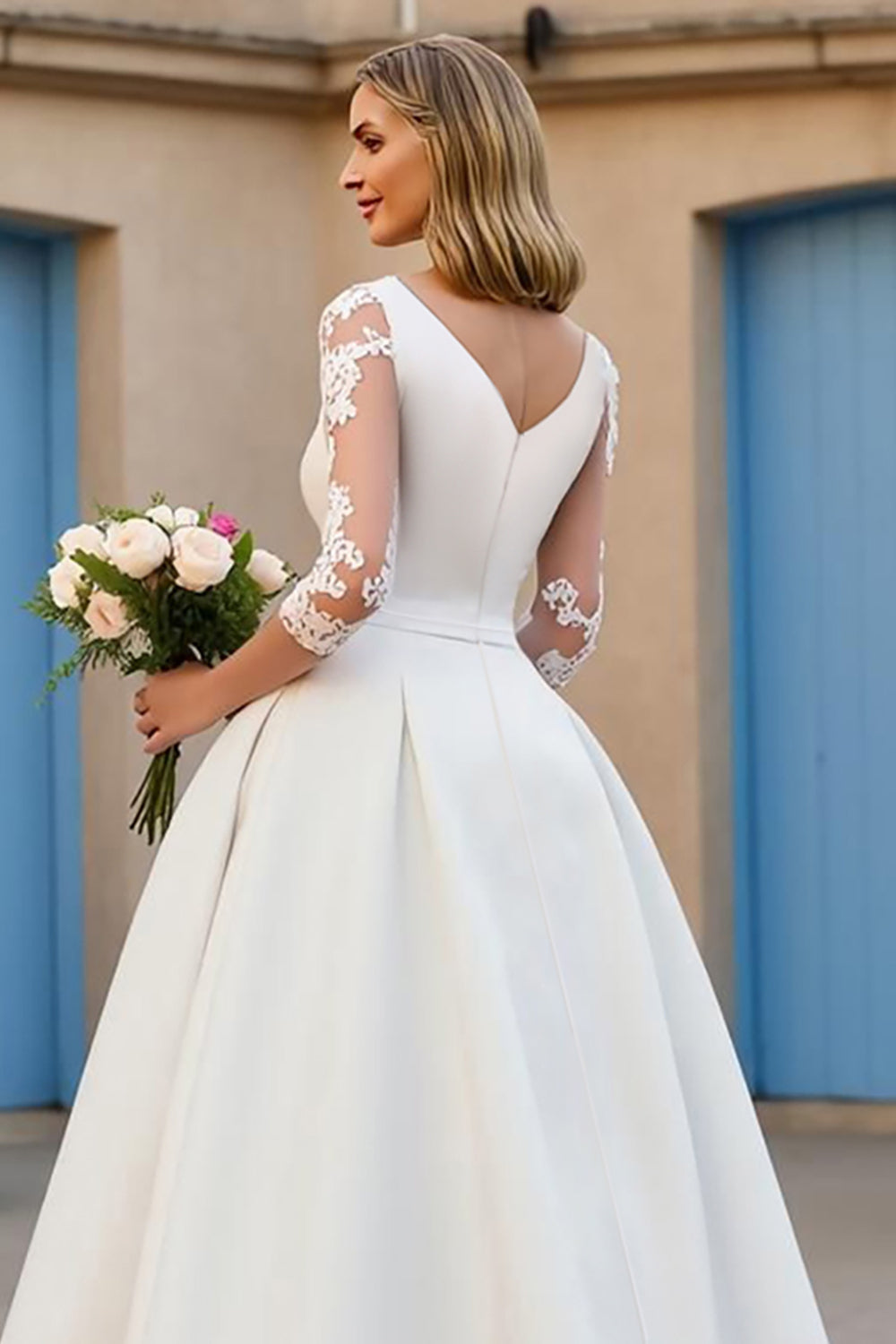 Ivory Court Train Satin A Line V-Neck Wedding Dress with Lace Appliques