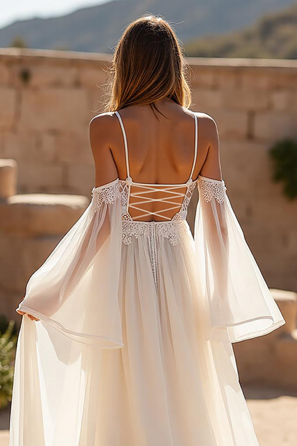 Ivory Chiffon A Line Cold Shoulder Court Train Wedding Dress with Lace Appliques