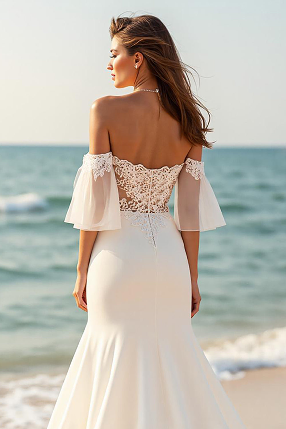 Mermaid Off the Shoulder Court Train Ivory Wedding Dress with Lace Appliques