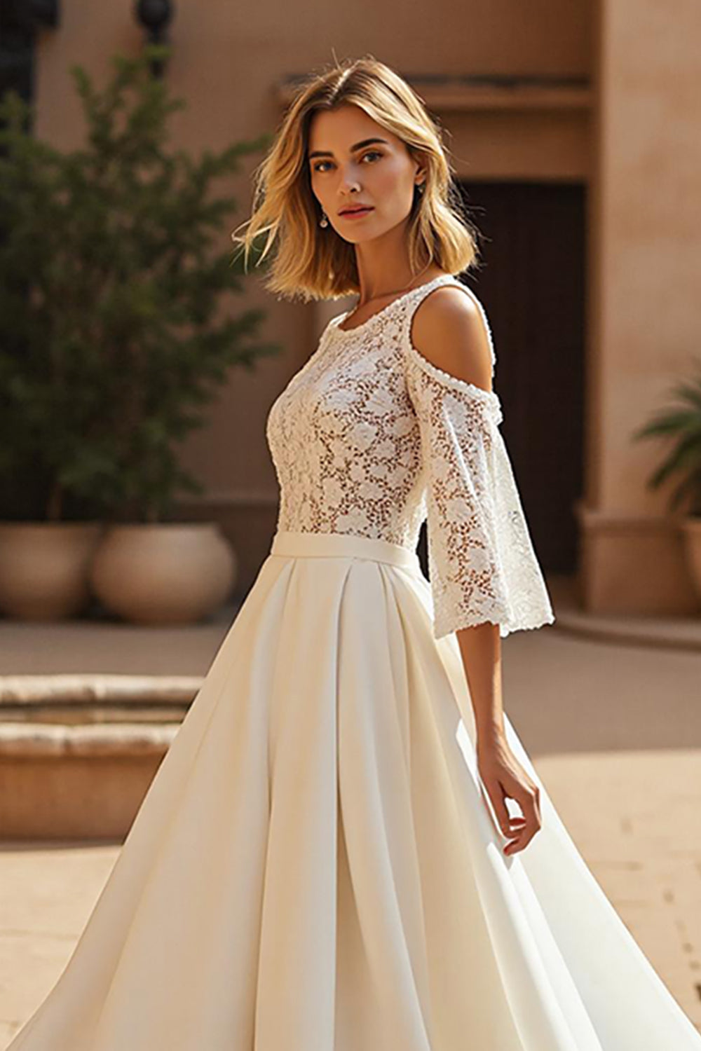 A Line Cold Shoulder Chapel Train Ivory Wedding Dress with Lace