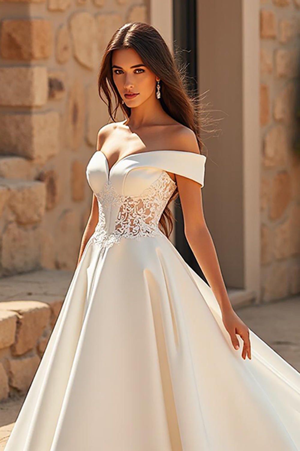 Ivory A Line Chapel Train Satin Wedding Dress with Lace Appliques
