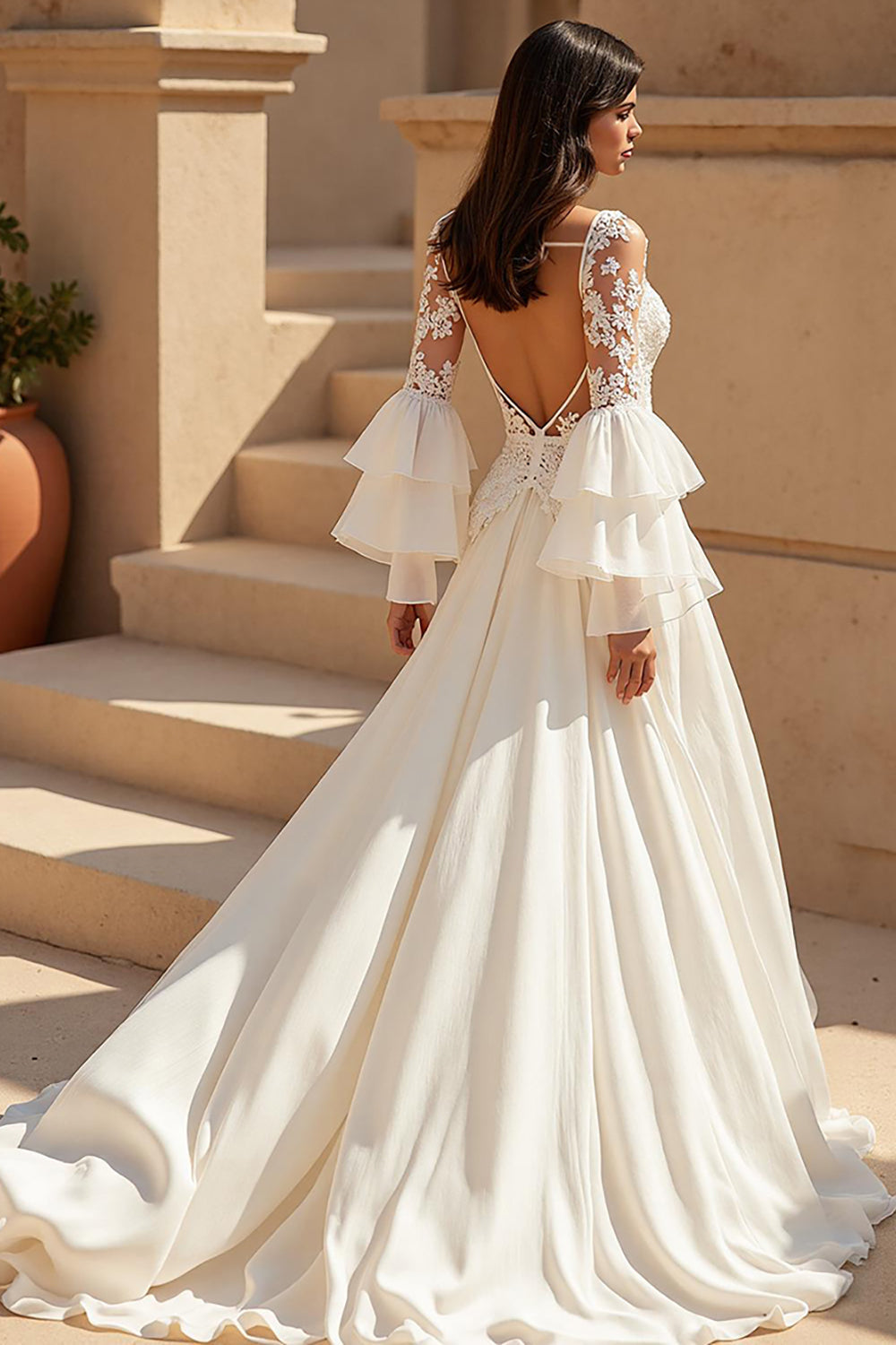 Chiffon A Line V-Neck Court Train Ivory Wedding Dress with Lace Appliques