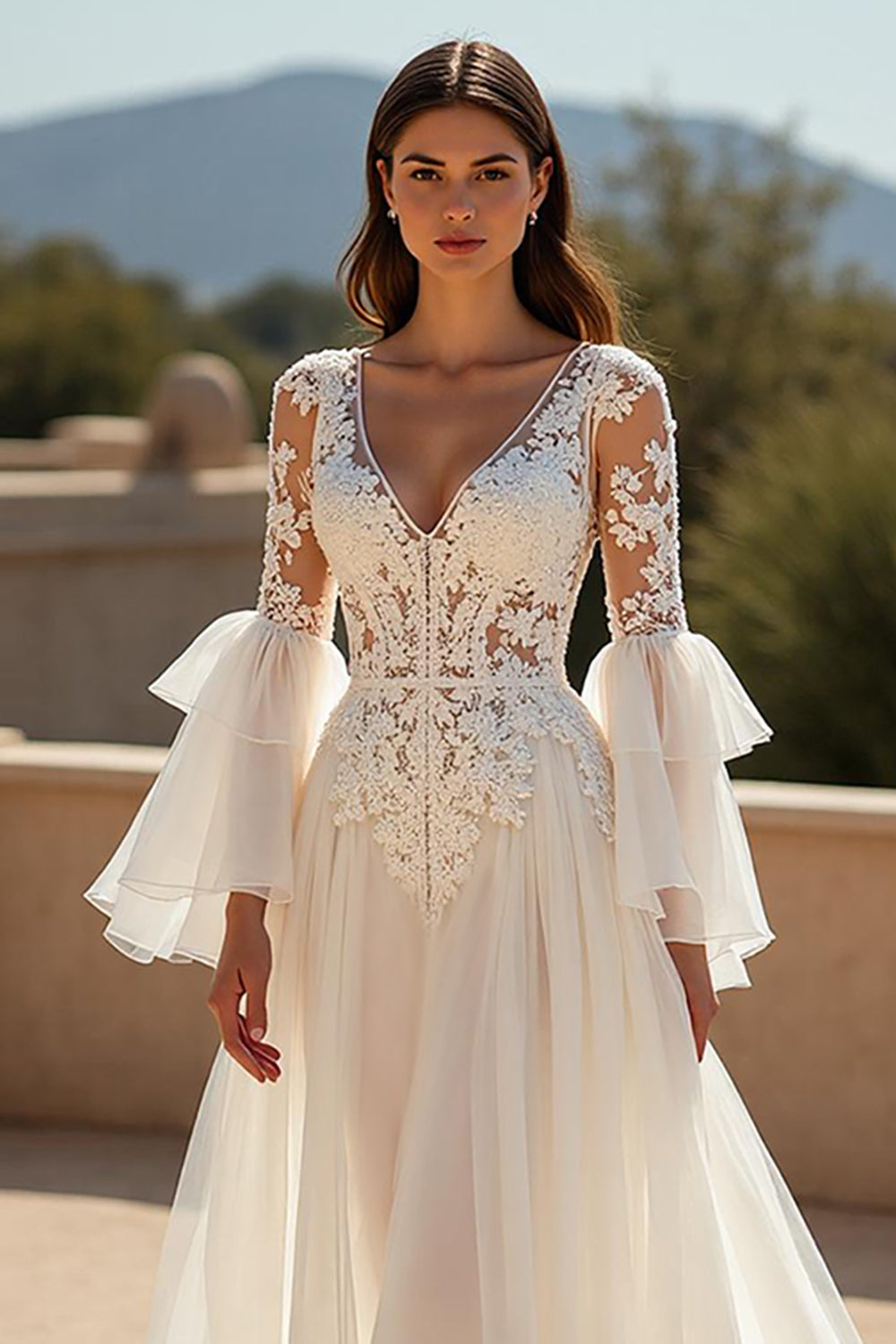 Chiffon A Line V-Neck Court Train Ivory Wedding Dress with Lace Appliques