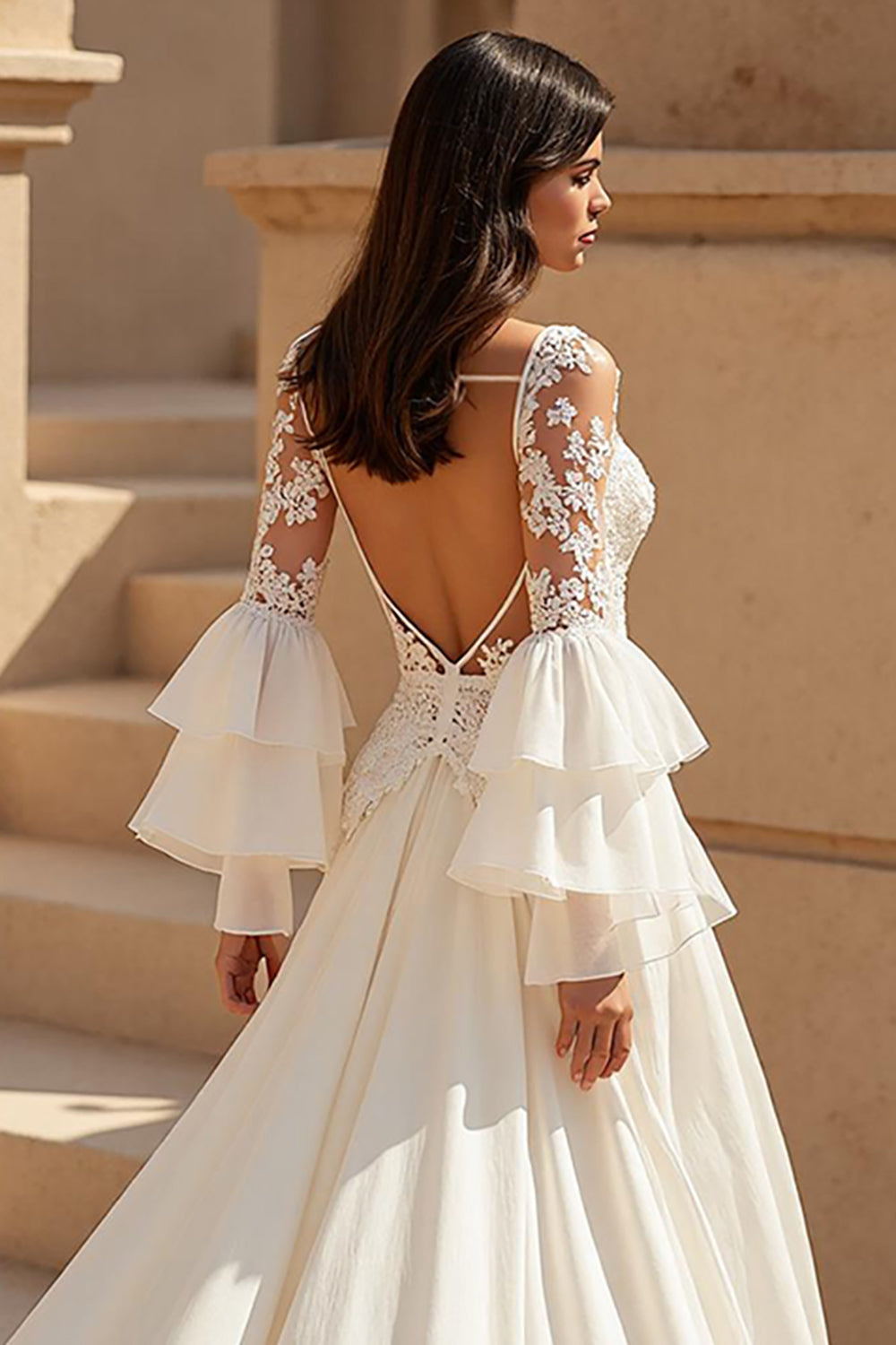 Chiffon A Line V-Neck Court Train Ivory Wedding Dress with Lace Appliques