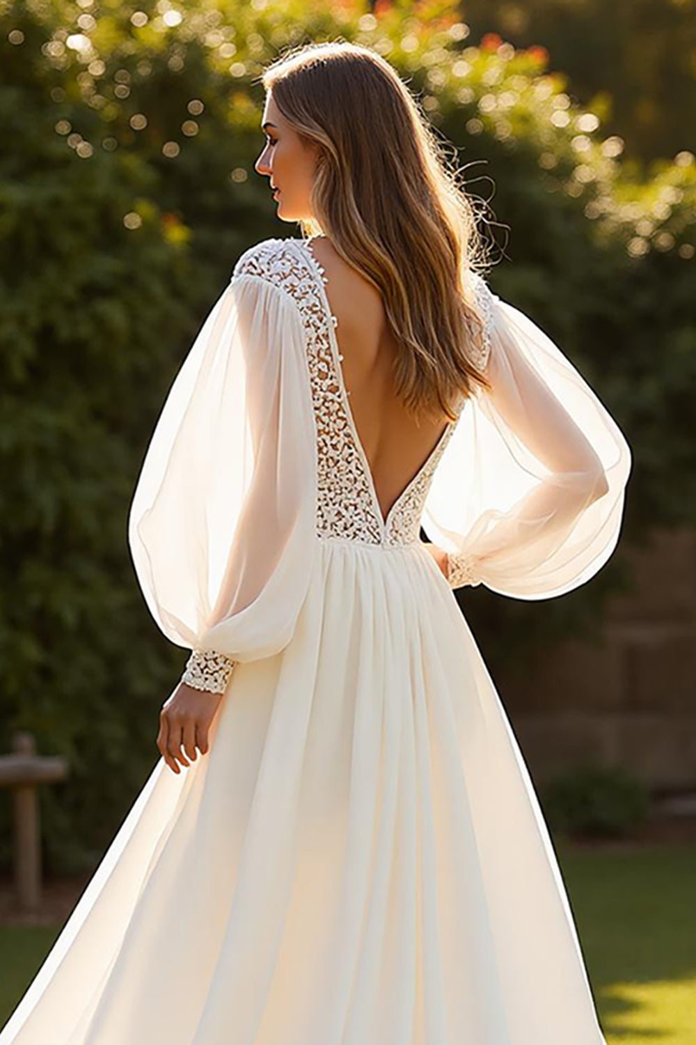 Chiffon A Line V-Neck Court Train Ivory Wedding Dress with Lace
