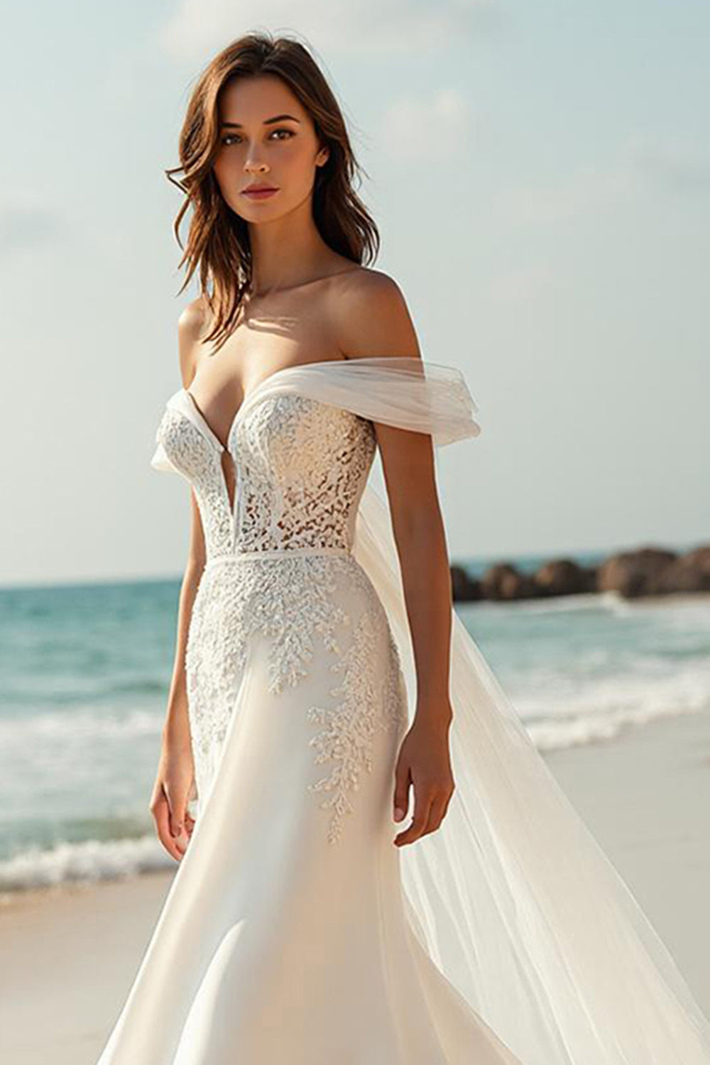 Mermaid Court Train Ivory Off the Shoulder Wedding Dress with Lace Appliques