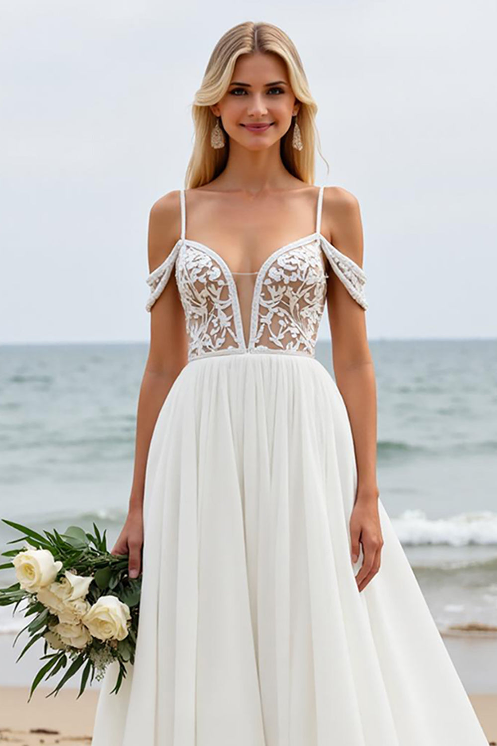 Ivory Sweep Train Chiffon A Line Cold Shoulder Wedding Dress with Lace Appliques
