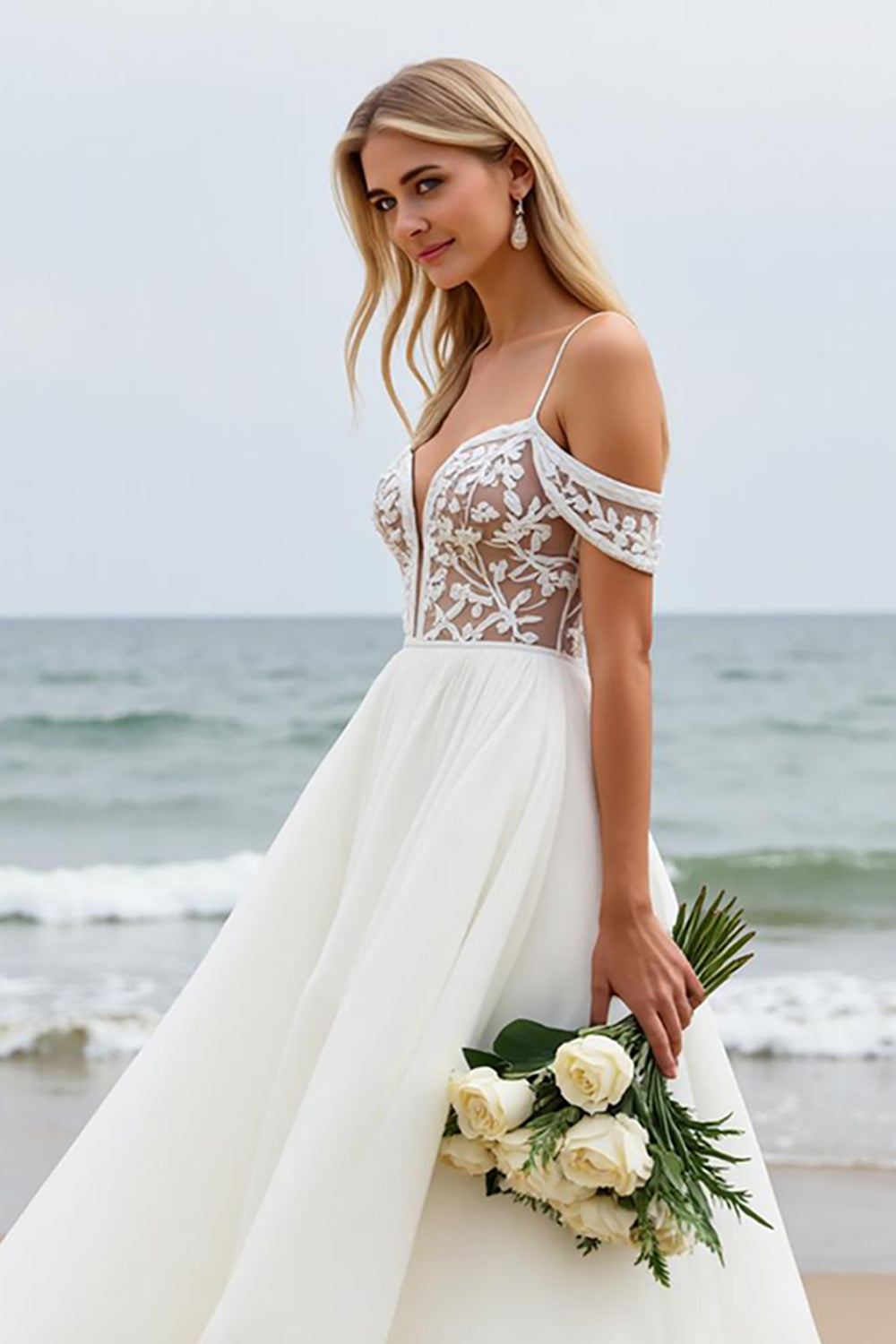 Ivory Sweep Train Chiffon A Line Cold Shoulder Wedding Dress with Lace Appliques