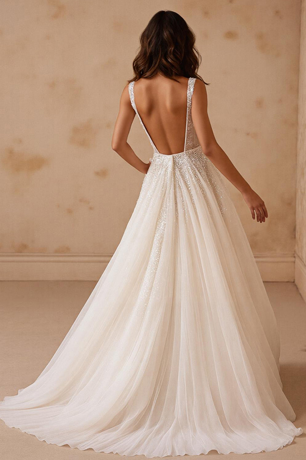 A Line Sweep Train Sparkly Sequins Ivory Wedding Dress