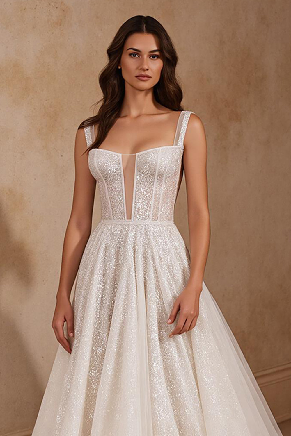 A Line Sweep Train Sparkly Sequins Ivory Wedding Dress
