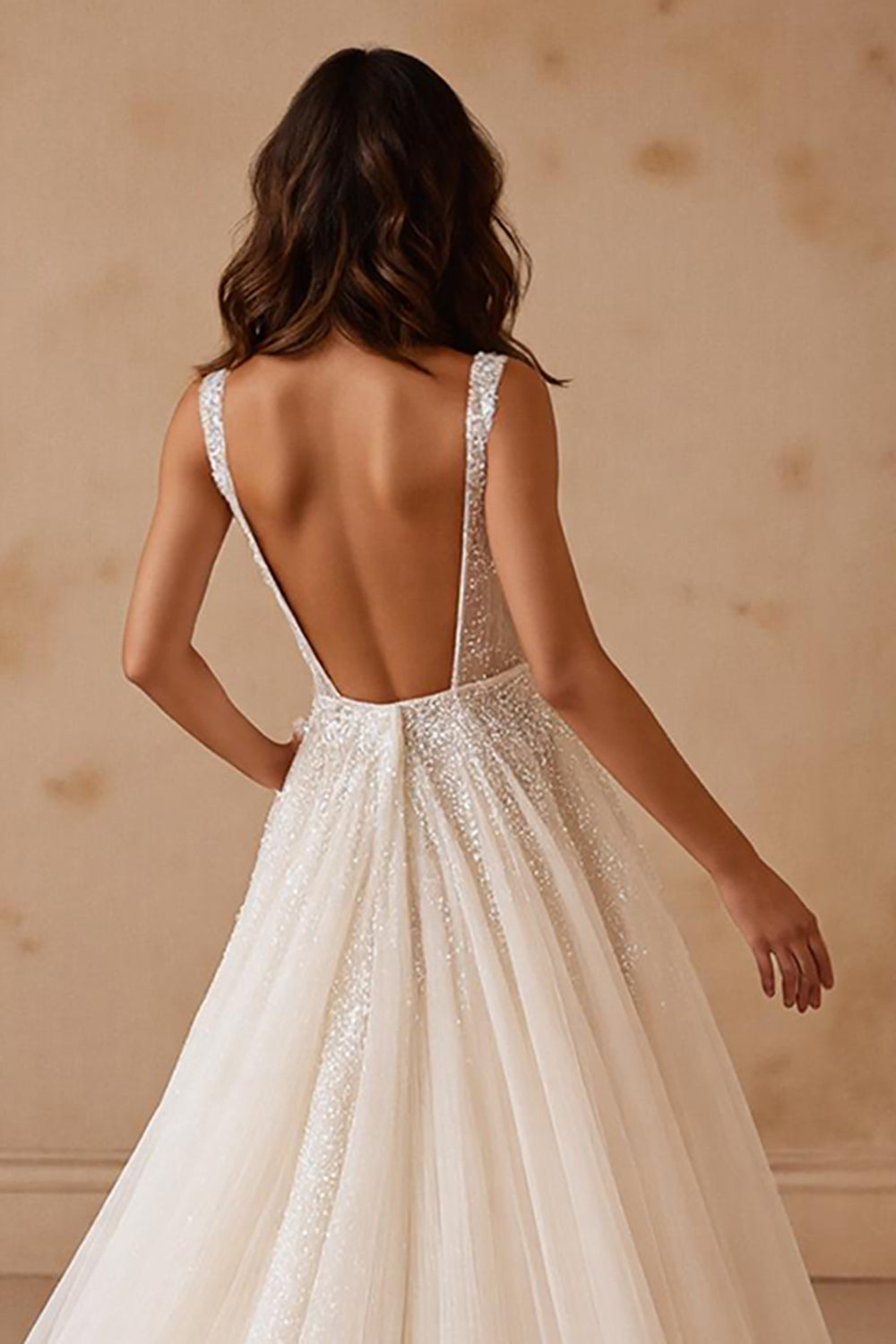 A Line Sweep Train Sparkly Sequins Ivory Wedding Dress