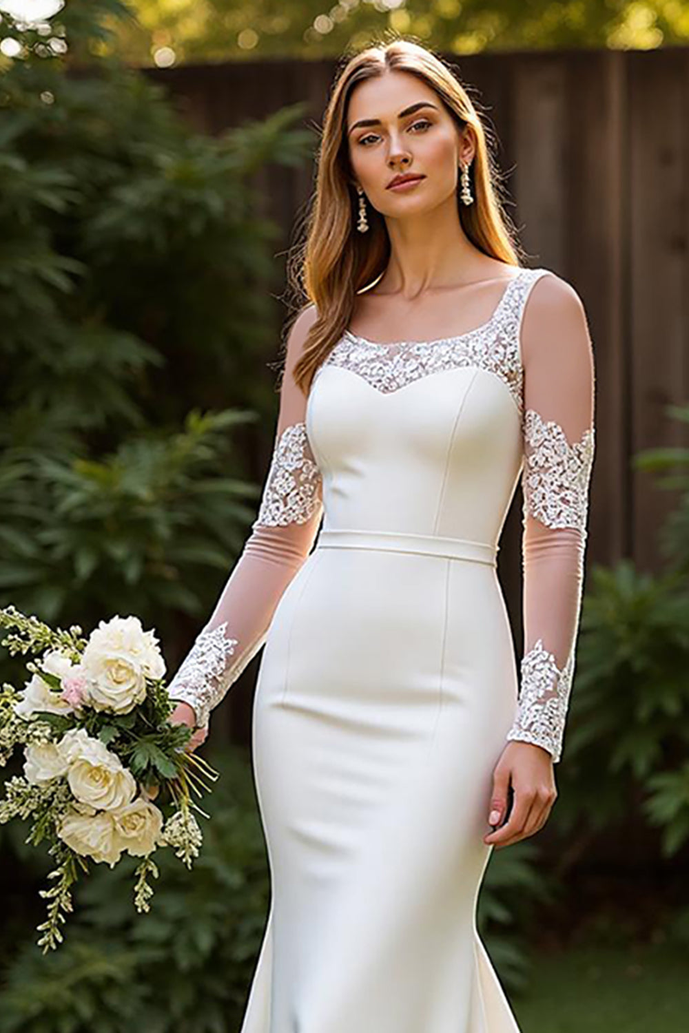 Ivory Simple Mermaid Square Neck Court Train Wedding Dress with Lace