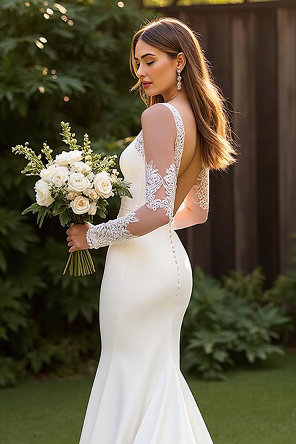 Ivory Simple Mermaid Square Neck Court Train Wedding Dress with Lace