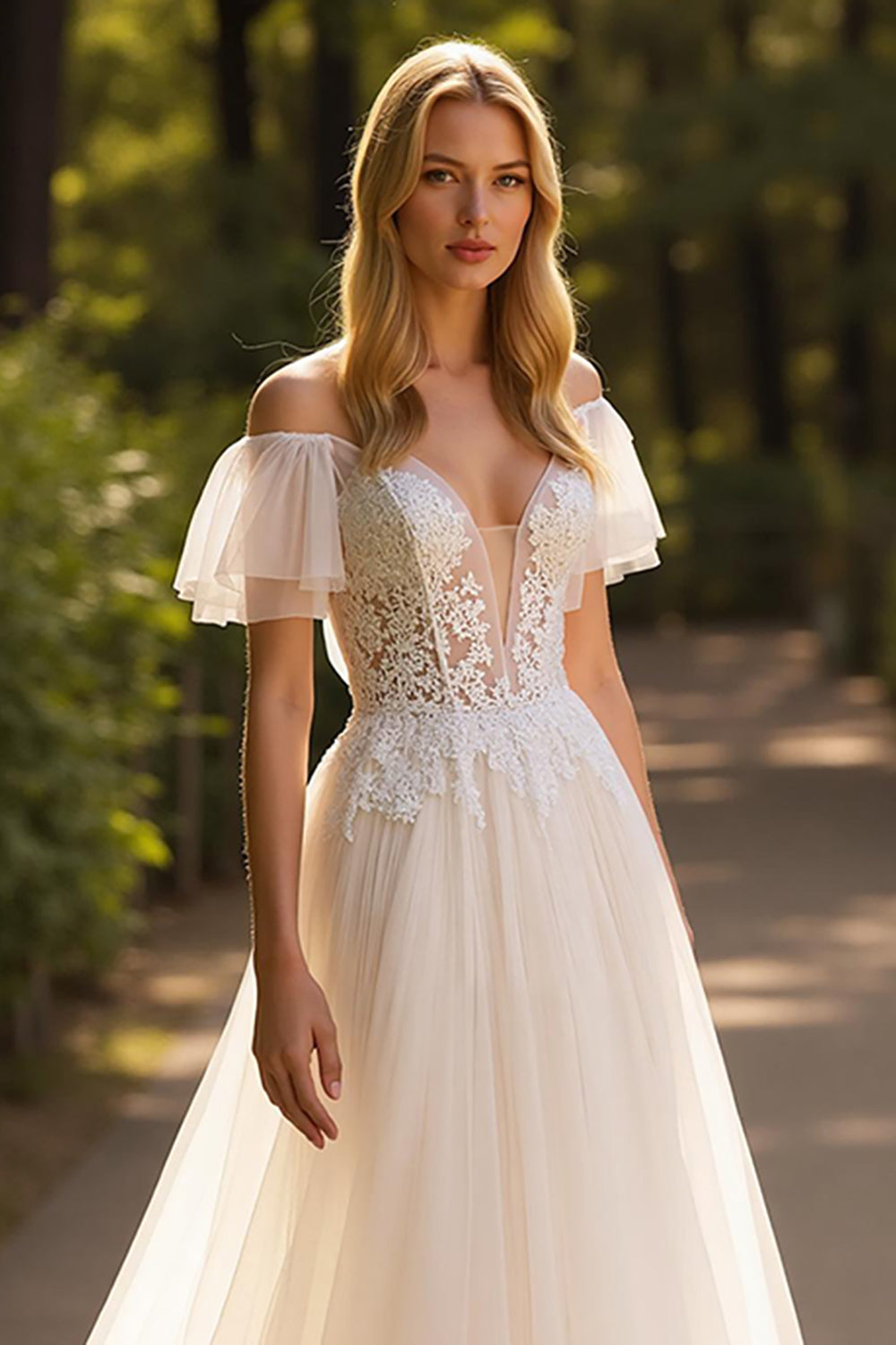 Ivory A Line Off the Shoulder Tulle Wedding Dress with Lace Appliques