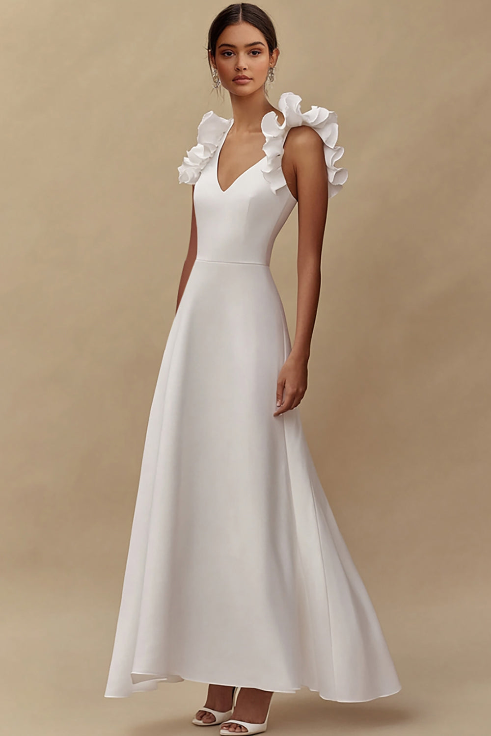 A Line Long Ivory Engagement Dress with Ruffles