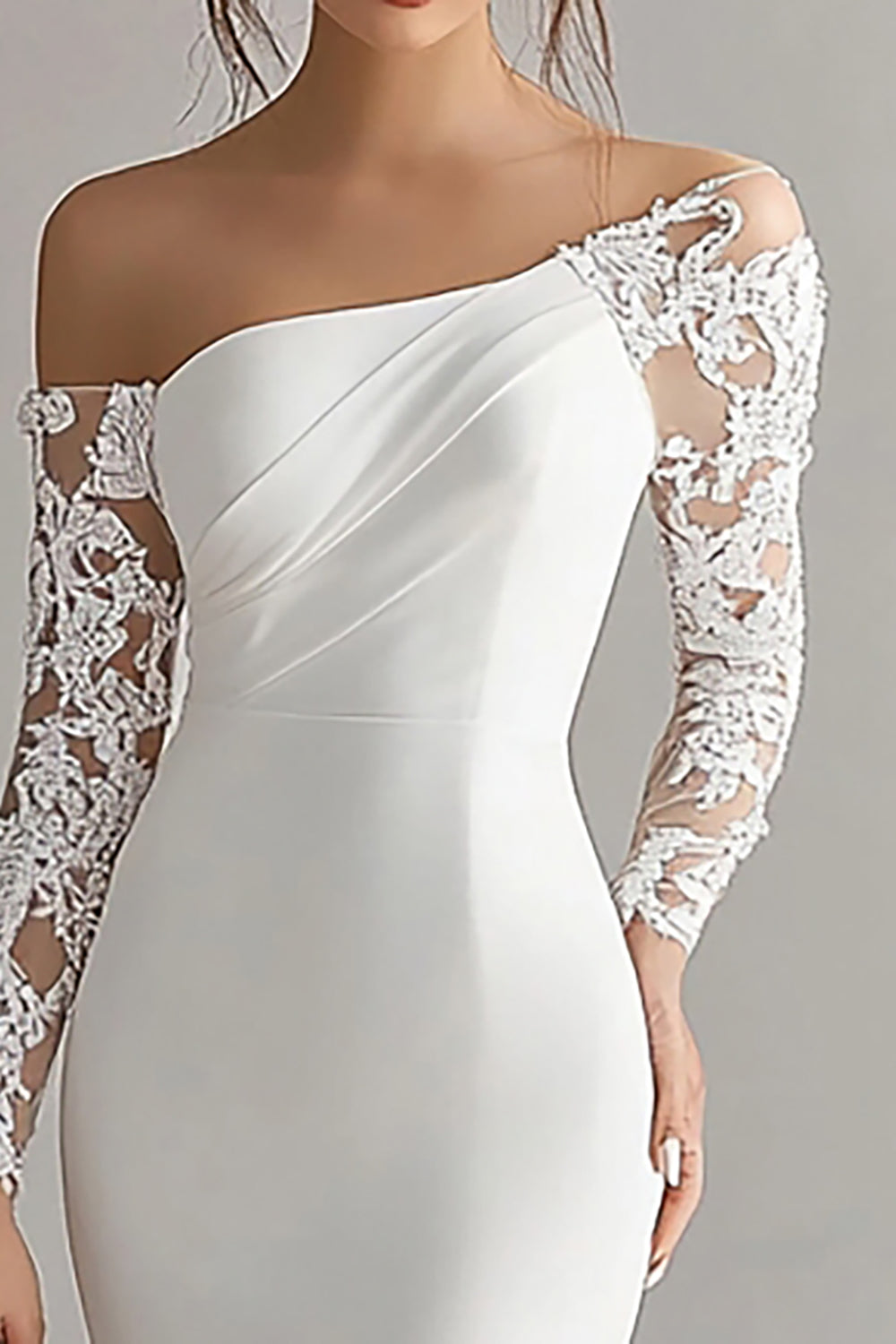 Off the Shoulder Satin Sheath Ivory Engagement Dress with Lace