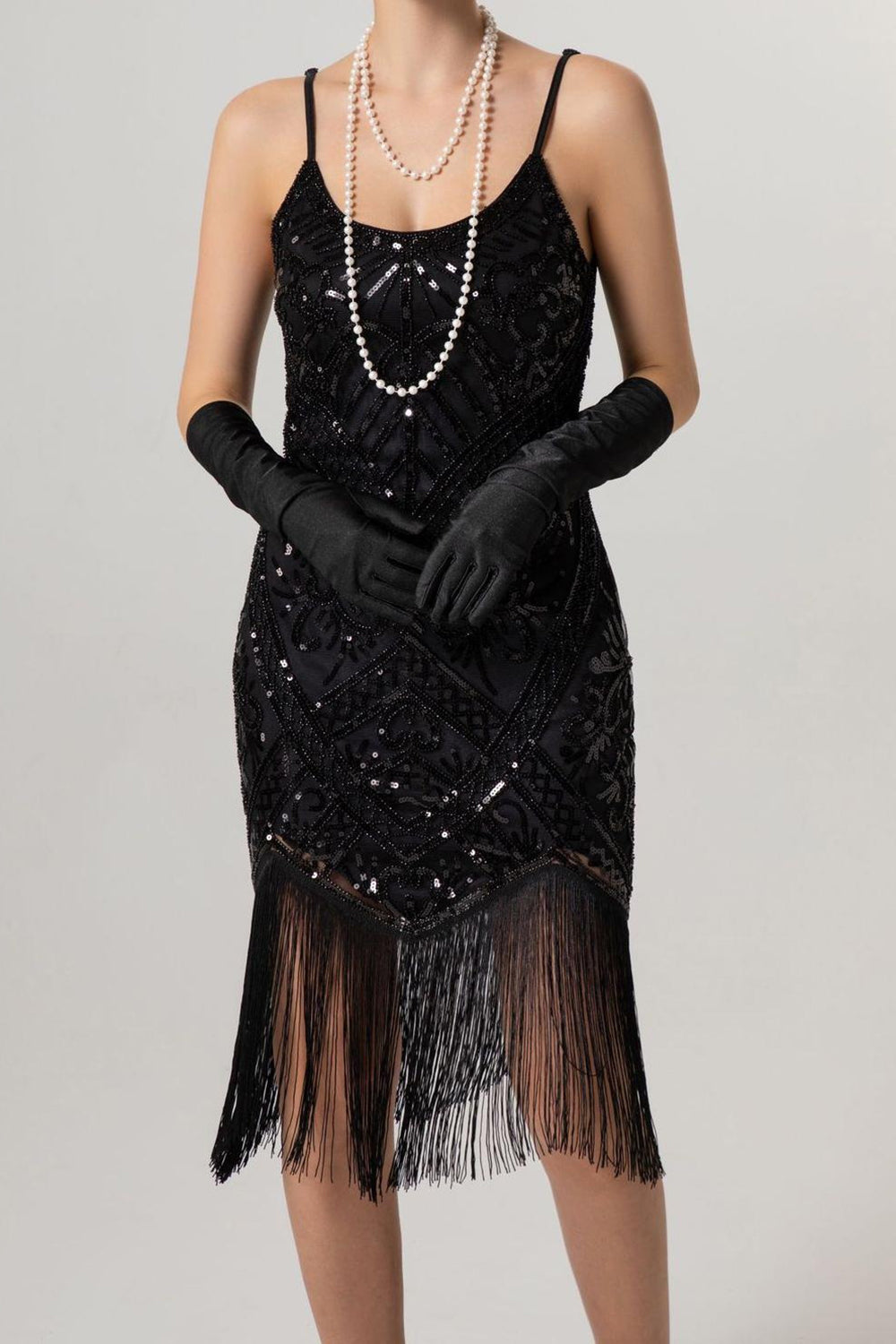 Sparkly Black Sequin Spaghetti Straps Bodycon Short 1920s Dress with Fringes