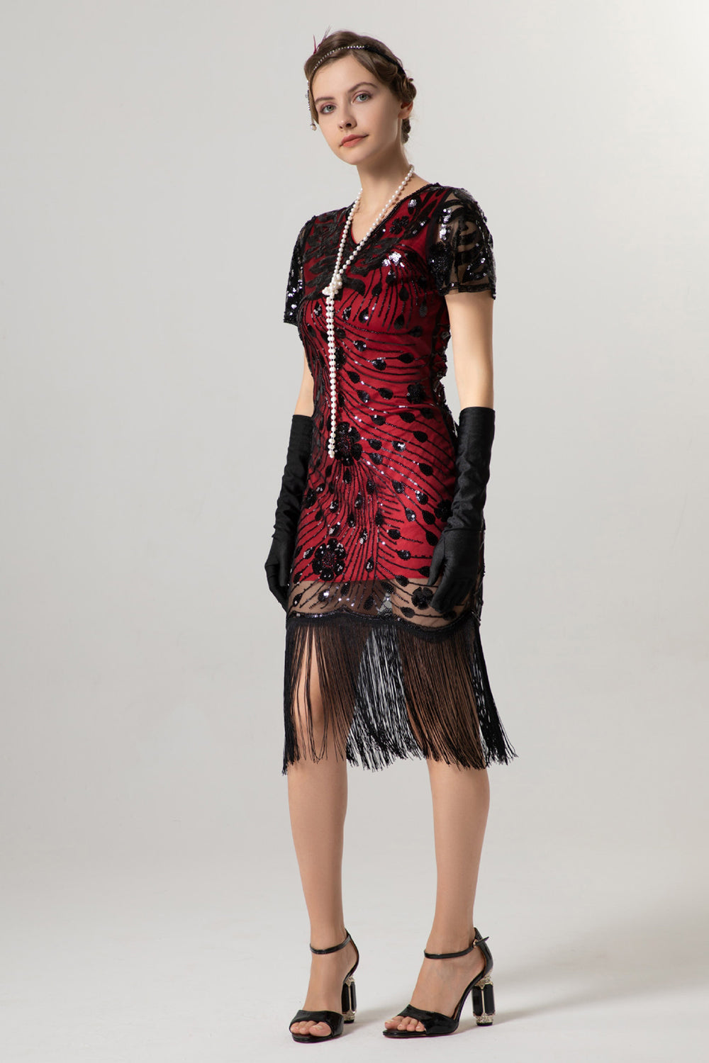 Sparkly Black Sequin Bodycon Short Sleeves 1920s Dress with Fringes