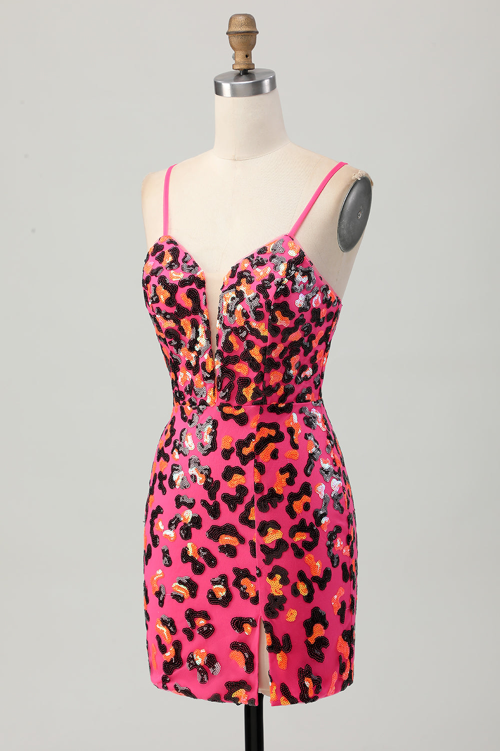 Fuchsia Bodycon Spaghetti Straps Sequins Homecoming Dress with Slit