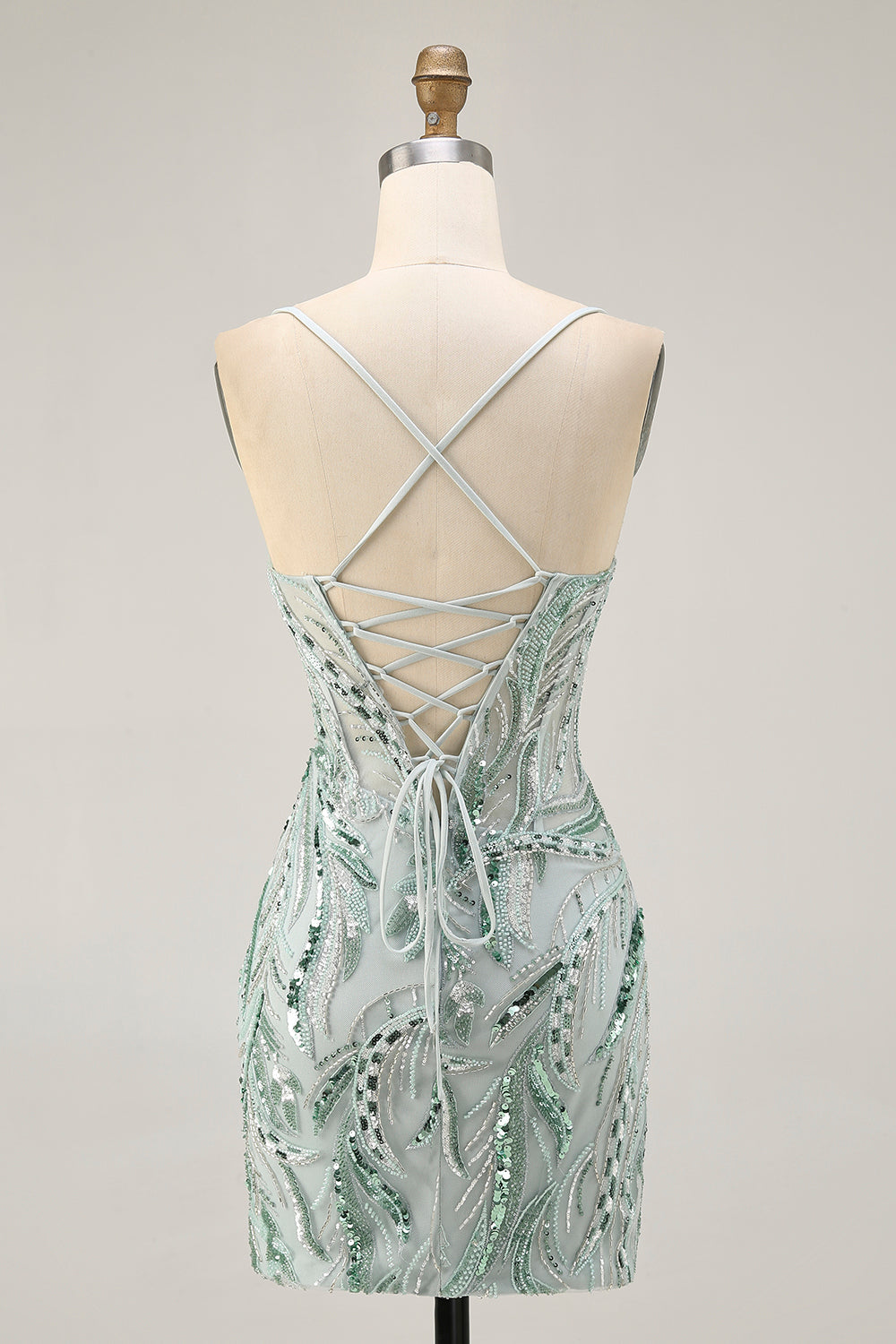 Green Beaded Bodycon Homecoming Dress with Lace Up Back