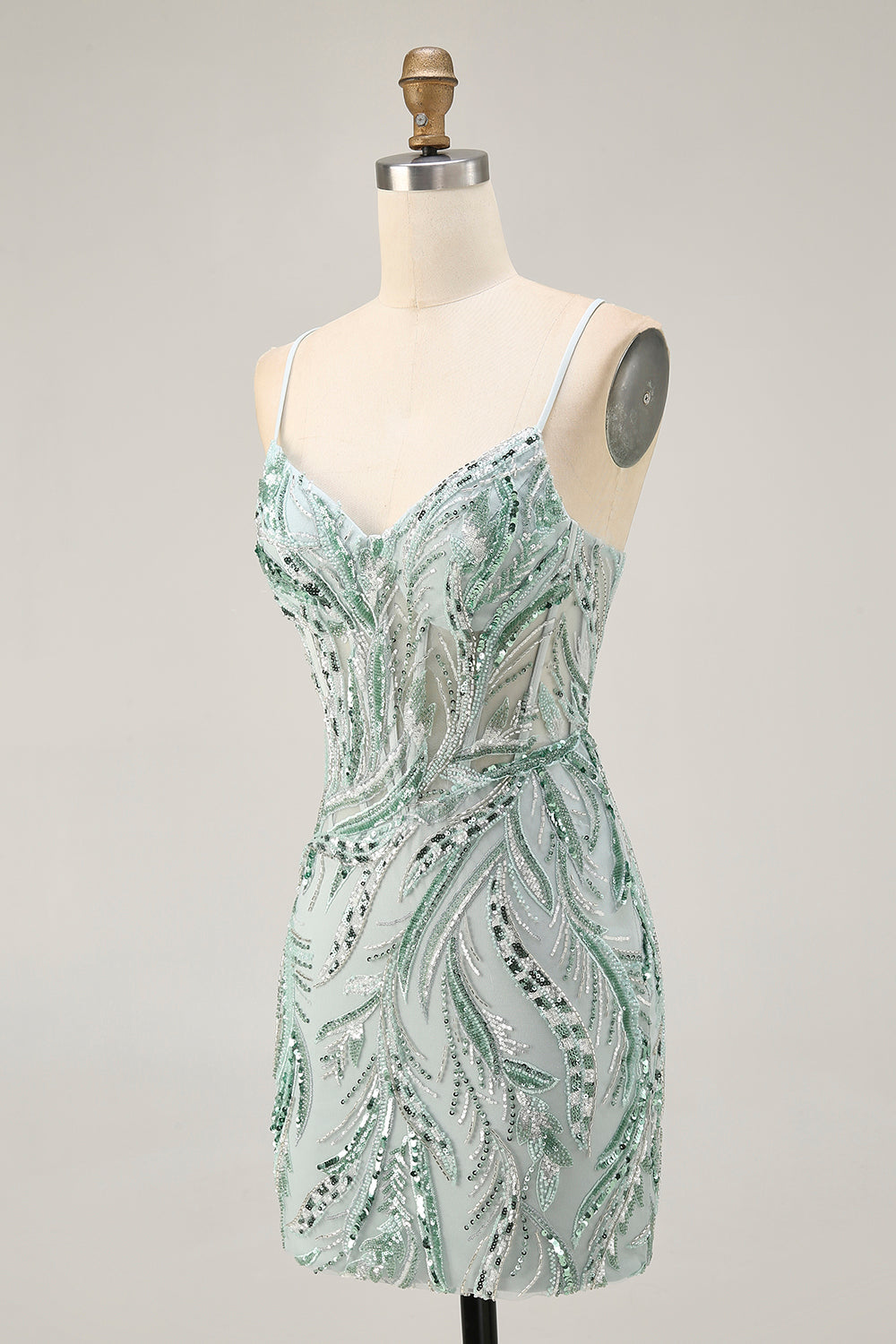 Green Beaded Bodycon Homecoming Dress with Lace Up Back