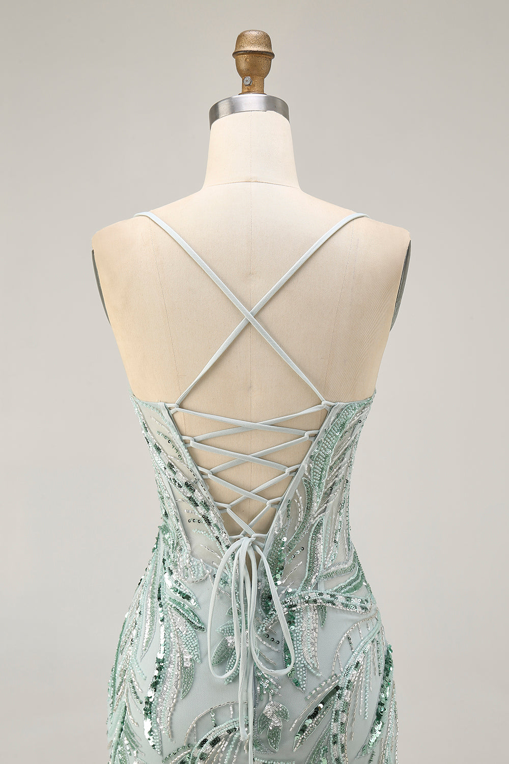 Green Beaded Bodycon Homecoming Dress with Lace Up Back