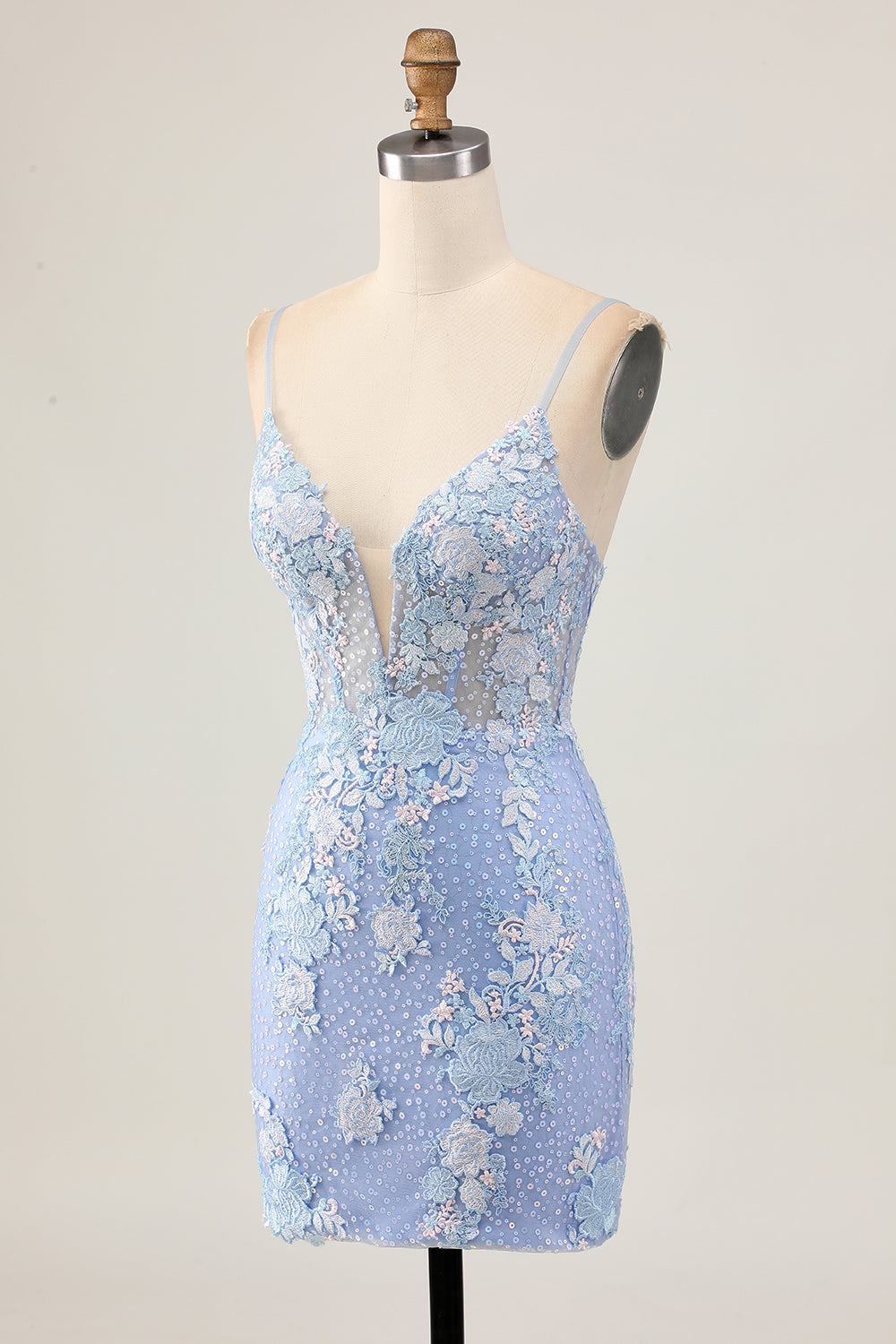 Light Blue Bodycon Floral Sequins Homecoming Dress with Appliques