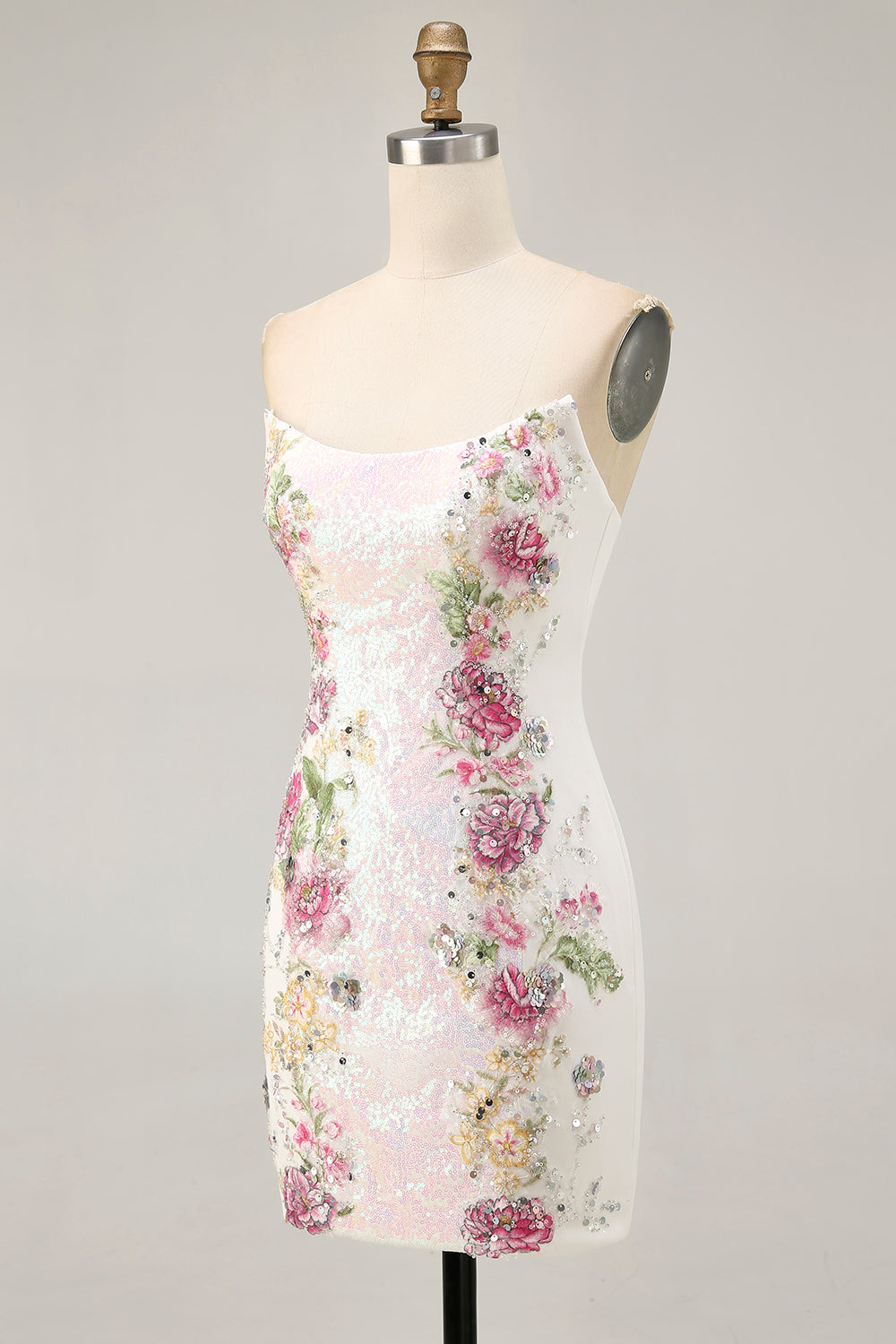 Floral Strapless Sequins Bodycon White Homecoming Dress