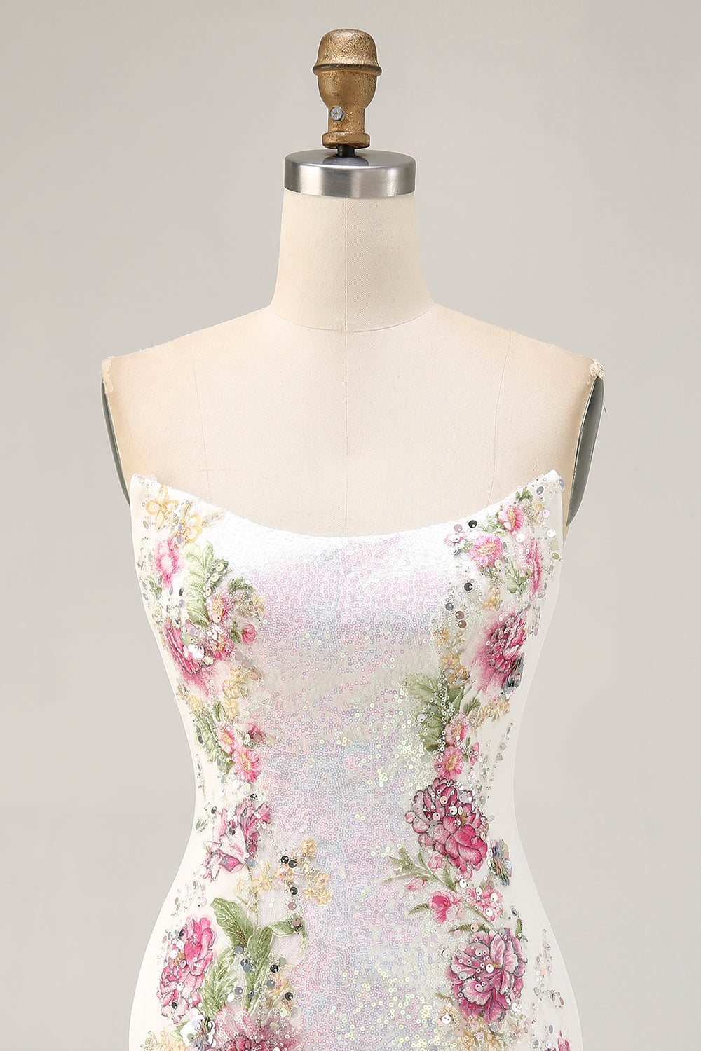 Floral Strapless Sequins Bodycon White Homecoming Dress