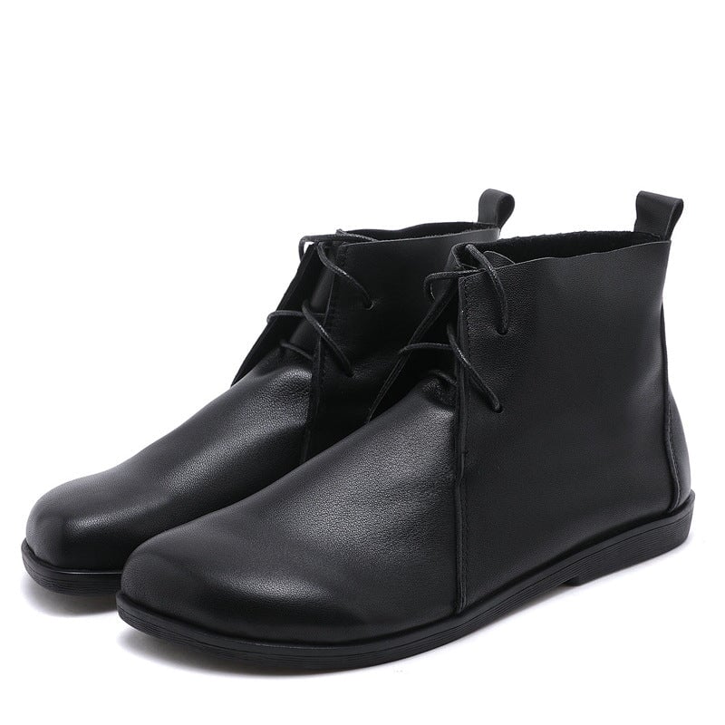 Womens Leather Ankle Boots Soft Bottom Flat Round Toe Derby Boots Brown/Black