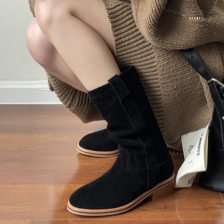 Womens Suede��Leather Mid Calf Boots In Black/Khaki