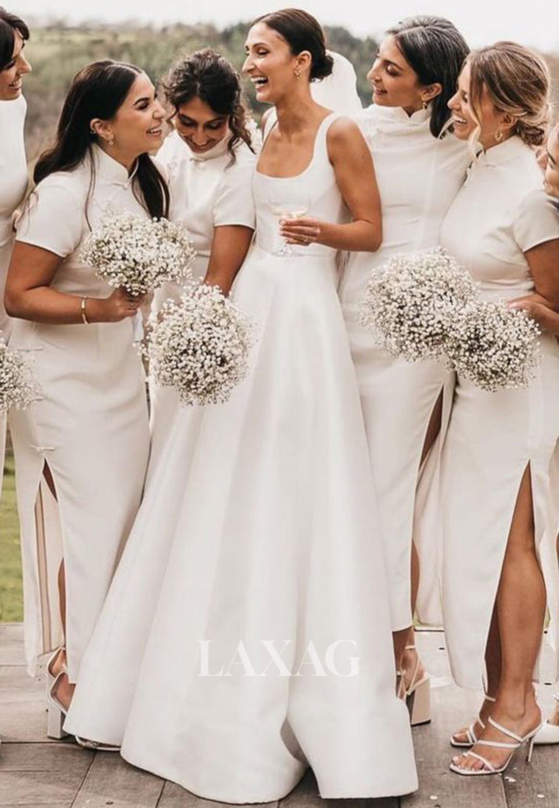 A-Line Square-Neck Straps Off-Shoulder Bride Gowns Sleeveless Pleated Satin Floor-Length Wedding Dress