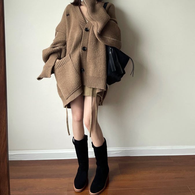 Womens Suede��Leather Mid Calf Boots In Black/Khaki