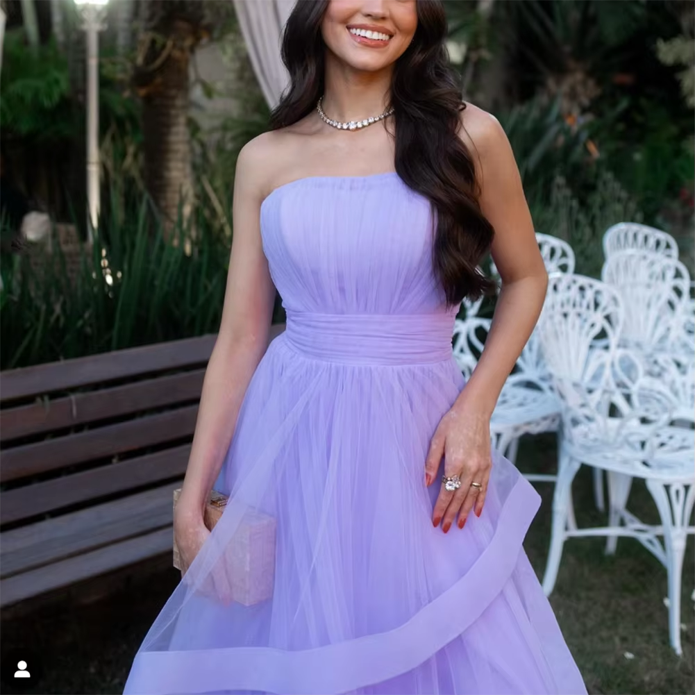 Lavender Tulle Long Dresses Wedding Party Ruffles Strapless Prom Dresses Formal Occasion Dress fg6856
