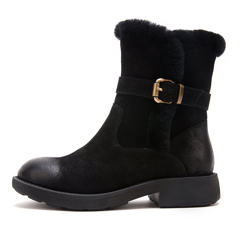 Womens Retro Nubuck Leather Short Boots for Winter Side Zipper Buckles Fur Boots Black/Coffee