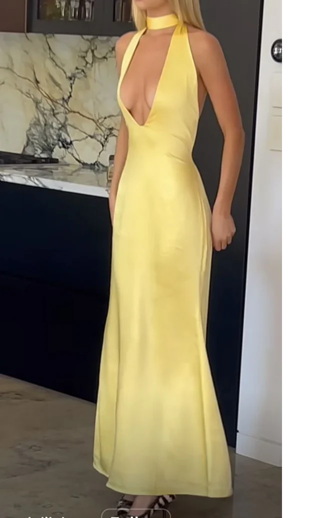 Yellow Deep V Neck Backless Sheath Long Party Dress Prom Dresses fg7132