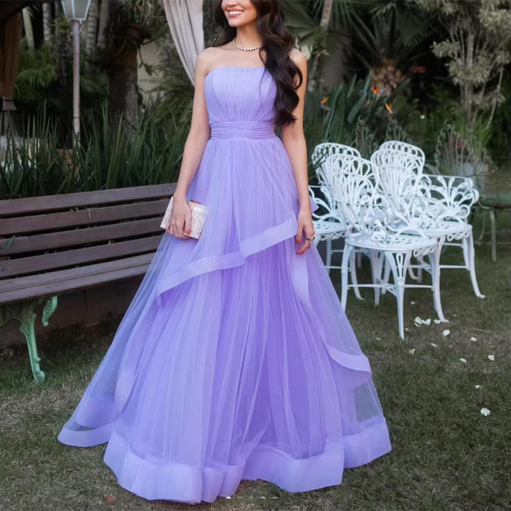 Lavender Tulle Long Dresses Wedding Party Ruffles Strapless Prom Dresses Formal Occasion Dress fg6856