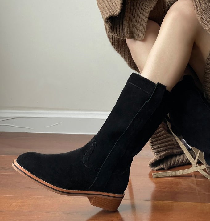 Womens Suede��Leather Mid Calf Boots In Black/Khaki