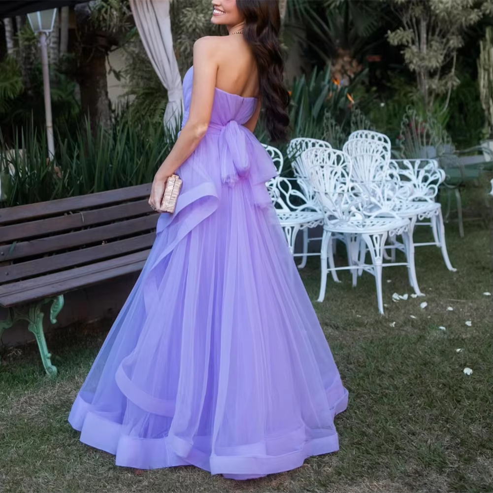 Lavender Tulle Long Dresses Wedding Party Ruffles Strapless Prom Dresses Formal Occasion Dress fg6856