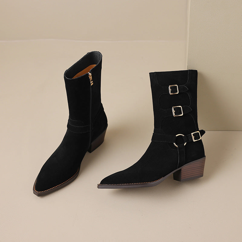 Womens Suede��Leather Mid Calf Boots 45mm Block Heel with Buckle Details In Black/Brown
