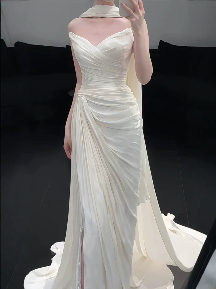 Strapless Pleat Long Wedding Dress Evening Party Dresses fg7706
