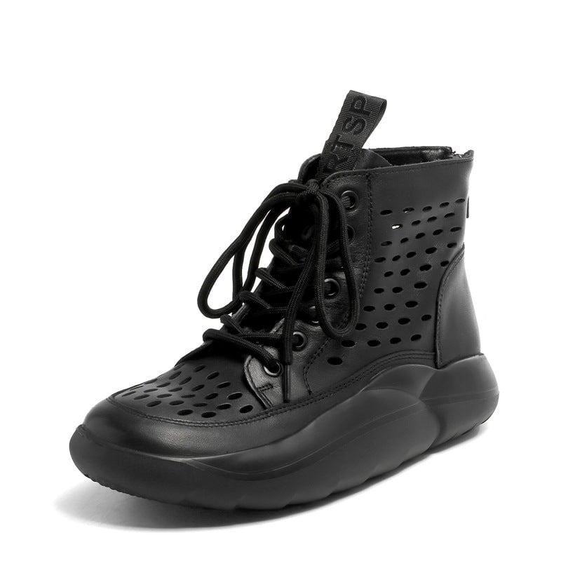 Womens Lace up Summer Boots Handmade Leather Hollow Out Platform Boots Brown/Black