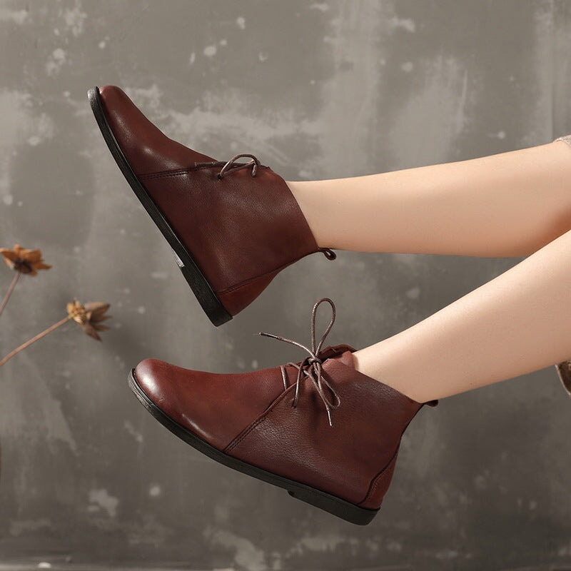 Womens Leather Ankle Boots Soft Bottom Flat Round Toe Derby Boots Brown/Black