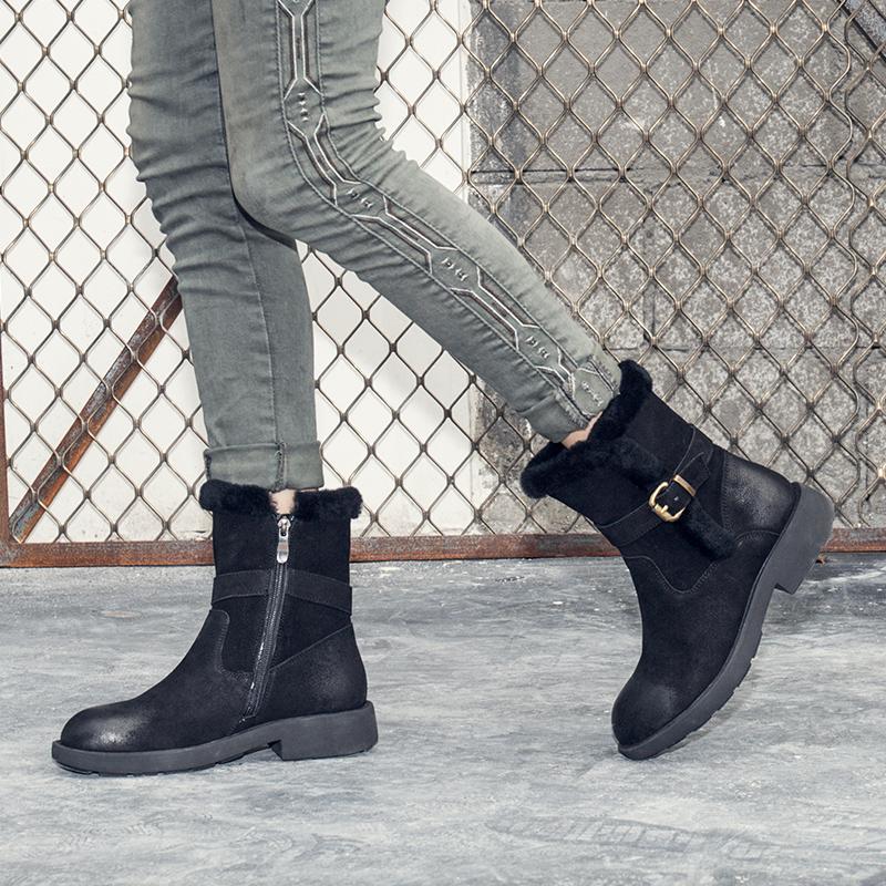 Womens Retro Nubuck Leather Short Boots for Winter Side Zipper Buckles Fur Boots Black/Coffee