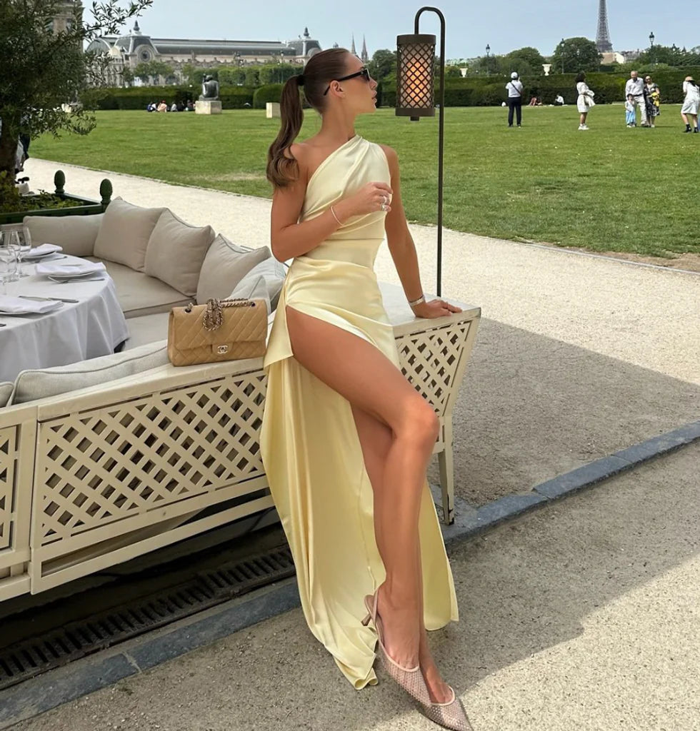 Yellow One Shoulder Prom Dress Sexy Evening Gowns fg7431