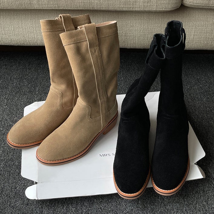 Womens Suede��Leather Mid Calf Boots In Black/Khaki