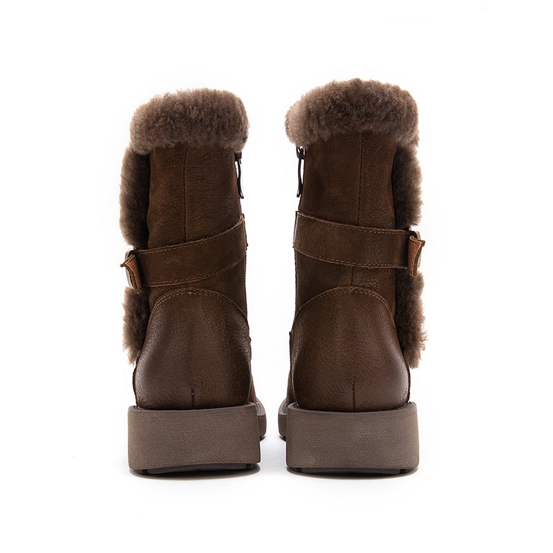 Womens Retro Nubuck Leather Short Boots for Winter Side Zipper Buckles Fur Boots Black/Coffee